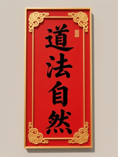 一个长方形的红色牌匾，牌匾边缘有金色的边框，边框四角有金色的祥云花纹装饰，牌匾中央是黑色的“道法自然”四个书法大字，整体设计呈现出中国传统风格，色彩鲜明，庄重典雅。预览效果