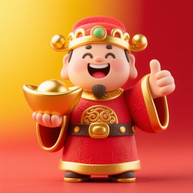 财神爷的形象，富丽堂皇的装扮，装饰傍身，珐琅金色球绒顶冠，红色官袍镶金边，粗鎏金纹饰皮腰带，一只手拿一个超大的金元宝，另一个手竖大拇指点赞手势，开心地笑，背后是黄色的光晕，绽放光芒，暖色调，红色渐变背预览效果
