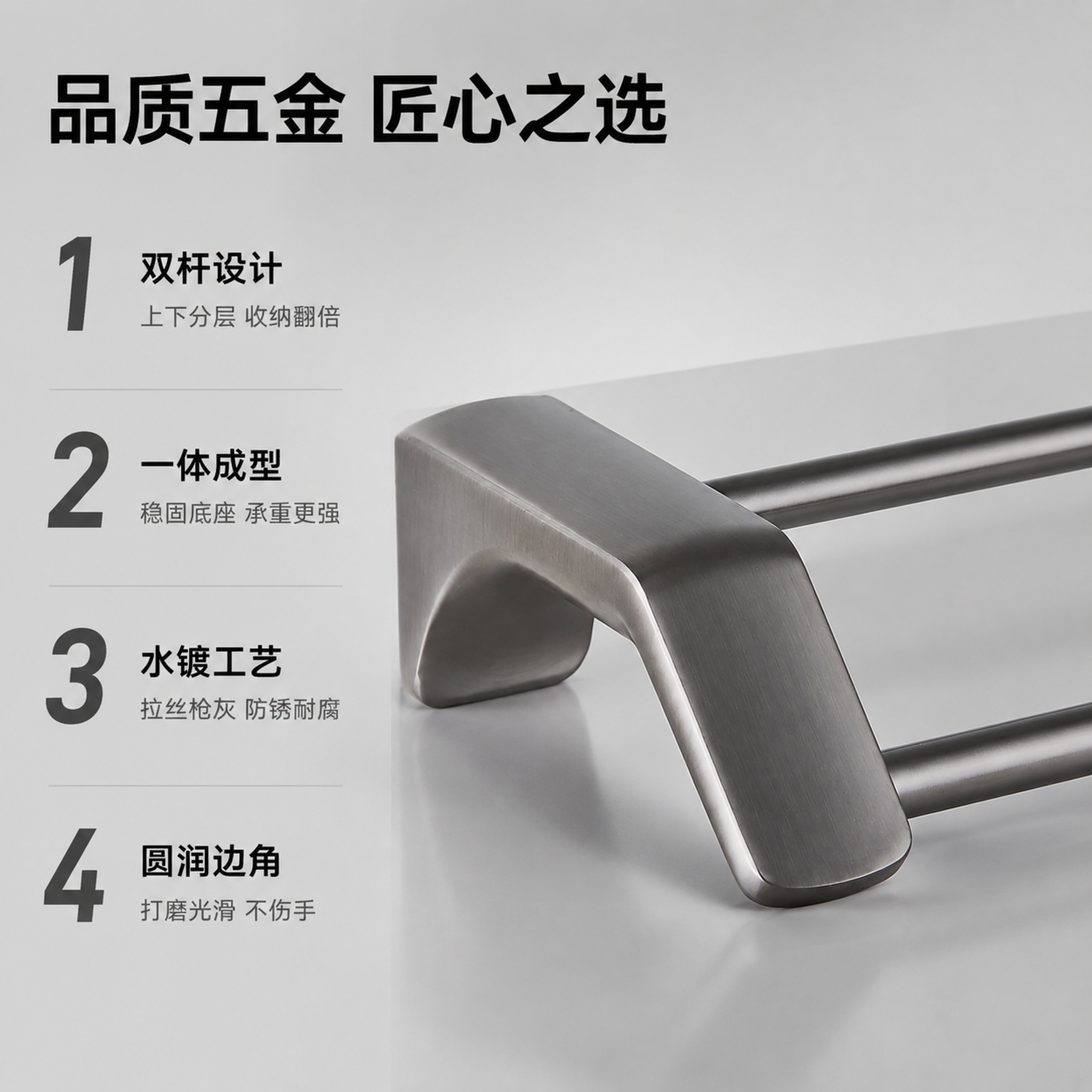 [主图-2] 枪灰色双杆毛巾架核心卖点图，突出结构设计与双杆收… - 图片创意预览