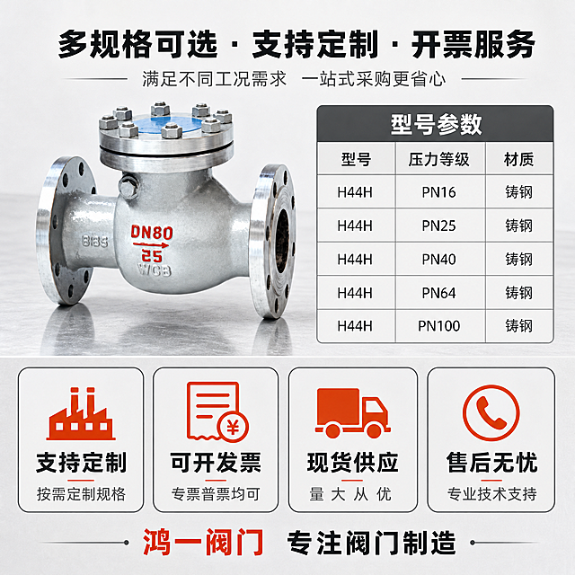 [主图-3] 规格型号与服务保障图，主题为多规格可选+定制+开票服务，打消下单顾虑，上下结构版式。
[统一基调] 工业五金商务风，背景为浅灰色工业台面背景，主色深灰+金属银，标题字深灰色加粗黑体，辅助字中灰色，强调色橙红色，字体为无衬线粗黑体，字号层级分明，规格表格用浅灰底深灰线，整体高信息密度满版构图，专业清晰。
[画面] 上下结构：上部约占45%为产品与规格区，左侧为止回阀产品斜45度视角展示，产品占上部左侧60%，放置在浅灰色台面上，右侧为规格参数表，表格标题"型号参数"，表格内含三列：型号列"H44H"，压力等级列"PN16 PN25 PN40 PN64 PN100"，材质列"铸钢"；下部约占55%为服务保障区，横向排列四个服务卡片，每个卡片为圆角矩形浅灰底配深色边框：第一个卡片图标为工厂形状配文字"支持定制"说明"按需定制规格"，第二个卡片图标为发票形状配文字"可开发票"说明"专票普票均可"，第三个卡片图标为卡车形状配文字"现货供应"说明"量大从优"，第四个卡片图标为电话形状配文字"售后无忧"说明"专业技术支持"。最底部放"鸿一阀门 专注阀门制造"品牌标语。
[光影质感] 商业产品摄影质感，主光从上方均匀照射，阀体金属表面高光清晰，台面有柔和倒影，整体光线明亮干净，突出产品与信息的清晰度。
[配色] 背景浅灰+白色渐变，主标题深灰色，表格文字深灰，服务卡片浅灰底深灰字，强调色橙红色用于卡片图标和重点文字，产品保持原铸钢银灰色金属质感。
[文字版式] 上下结构，上部左图右表，表格线条清晰，文字对齐工整；下部四个服务卡片等距横向排列，图标在上标题在中说明在下；底部品牌标语居中；所有文字横排，清晰可读，信息层级分明。
[输出要求] 1:1正方形比例，2048*2048，文字清晰无错字，产品外观结构与输入图完全一致，金属质感真实，禁止变形、模糊、水印、平台Logo、多余杂物。