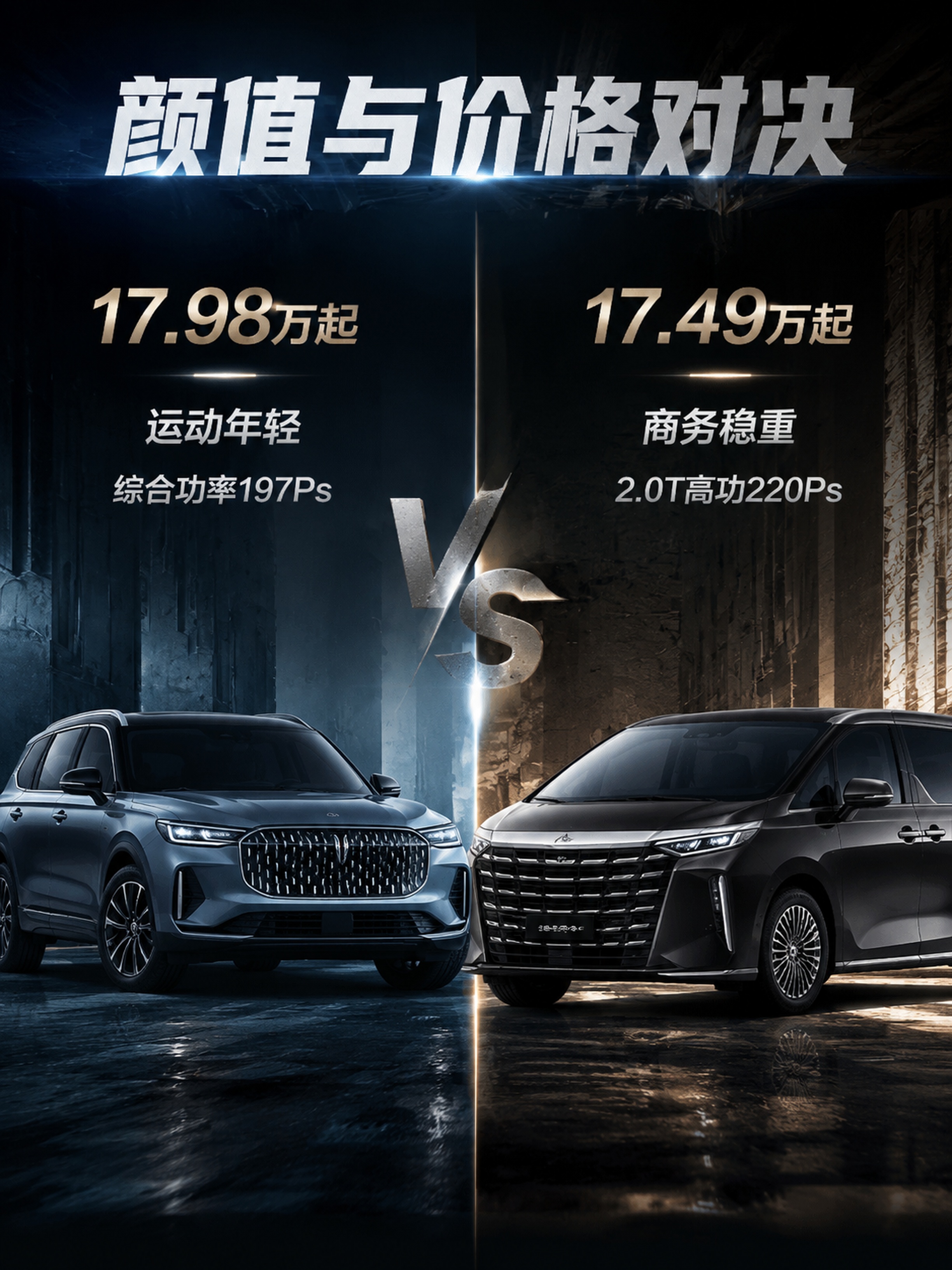 现代硬核科技感汽车对决海报，左右对比排版，左侧林肯飞行家完整车… - 图片创意预览