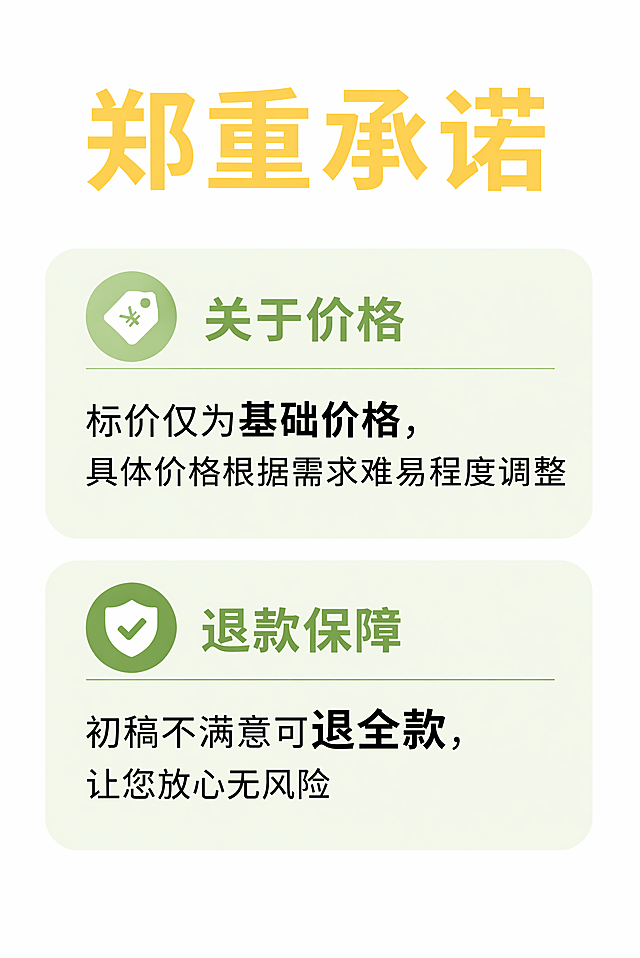 [第6屏] 服务承诺展示，说明价格规则和退款保障政策。本屏保持纯白色背景。
[氛围/风格] 真诚可信，信息公开透明，排版清晰。
[元素布局] 顶部大标题，然后分两个板块分别说明价格规则和退款承诺，两个板块使用圆角块区分，整体居中排列，信息层次分明。
[光影质感] 光线均匀柔和，板块区分清晰，文字清晰可读。
[配色色系] 纯白底色，板块使用浅绿色块衬托，标题使用黄色突出，黑色正文文字，整体配色清新舒适。
[视角构图] 竖向通屏，两个板块上下排列，阅读动线清晰。
[文字版式] 顶部黄色大标题"郑重承诺"，第一板块标题"关于价格"，正文说明：标价仅为基础价格，具体价格根据需求难易程度调整，第二板块标题"退款保障"，正文说明：初稿不满意可退全款，让您放心无风险，文字大小适中，移动端清晰可读，重点内容加粗突出。
[比例分辨率] 2:3竖版比例，4K分辨率，文字清晰可辨。
[负向提示词] 文字错乱，文字过小，板块边界模糊，颜色过重遮挡文字，背景杂乱，水印。