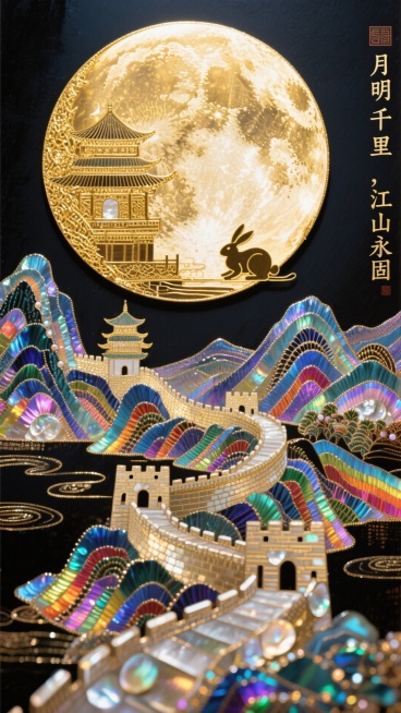 一幅圆形构图，如同一个精美的绣绷。画面中央是一轮用盘金绣工艺绣制的满月，金线立体饱满，熠熠生辉。月亮中隐约可见广寒宫与玉兔的剪影。月亮的金色光辉向下洒落，照亮了用五彩丝线满绣而成的锦绣山河与长城，寓意预览效果