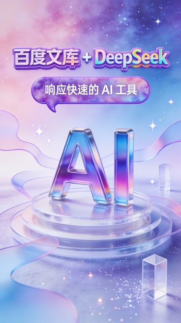 这是一张竖版科技感广告图，采用 3D 玻璃拟态与极简未来主义风格，主色调为渐变星云紫、幻蓝与浅粉，营造潮酷、鲜活、年轻化智能的专业氛围。画面顶部是星云紫立体字 “百度文库 + DeepSeek”，字体预览效果