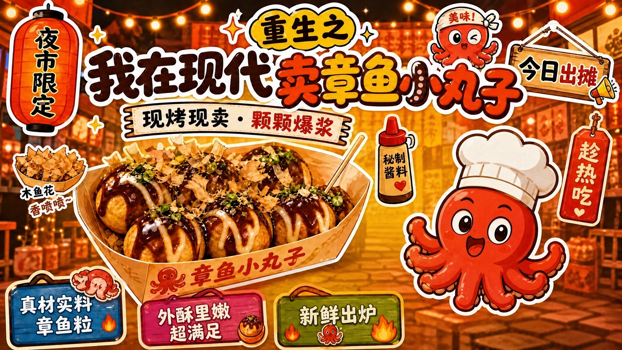 修改这张章鱼小丸子横版海报：1. 删除"6元/份"价格标签贴纸… - 图片创意预览