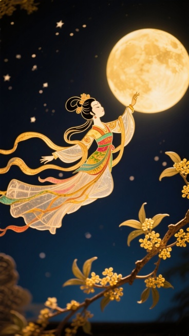 嫦娥飞奔向圆月，悬浮飞翔于夜空，夜空中有细小的繁星（弱化），构图新颖，大胆夸张，飘逸，衣袂飘带向四周散开似要融入星空，飘逸灵动，前景有斜伸的桂花树枝缀满金蕊。​预览效果