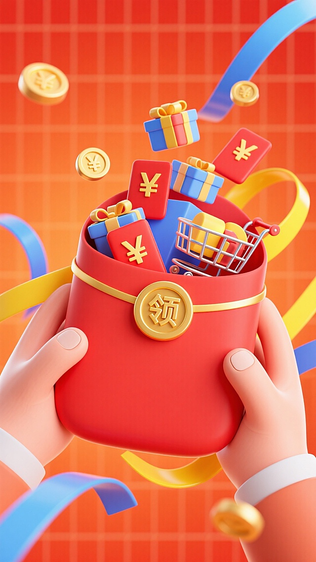 两只手捧着的红色大红包（带有 “领” 字金币扣），红包里装满有装满商品的购物车、红包、¥金币、礼盒等元素，装饰带有黄色、蓝色彩带元素，背景为橙红网格渐变，热闹的促销氛围