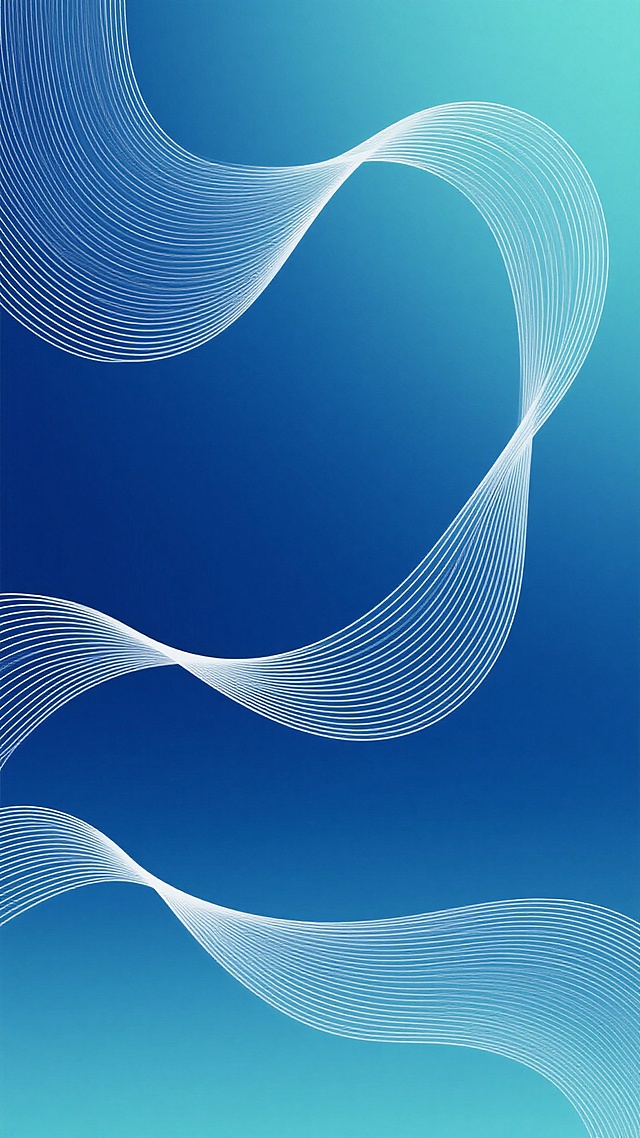 极简主义抽象线条艺术，柔和流动的波浪状曲线，线条纤细均匀，相互交织缠绕，形成富有韵律感的动态视觉效果，整体构图简洁大方，以深邃的靛蓝色为主色调，搭配柔和的青绿色渐变背景，营造出宁静而富有现代感的氛围，线条边缘清晰锐利，无渐变填充，保持纯粹的线条表现力，背景平滑过渡，无纹理干扰，整体设计具有强烈的视觉引导性和艺术美感。