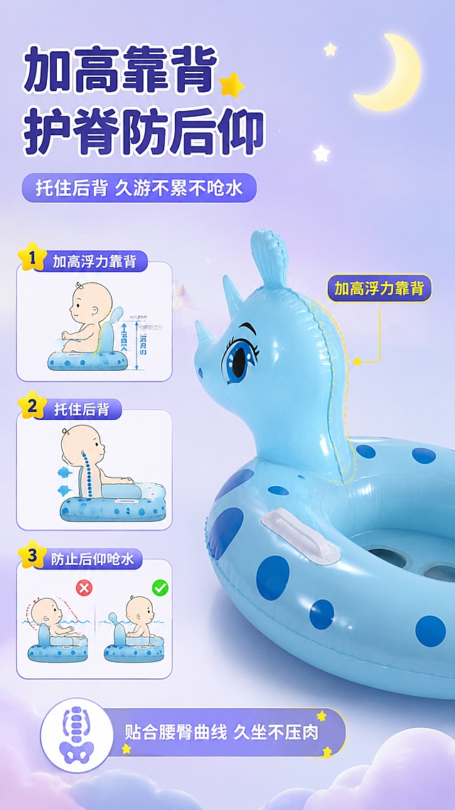 [第5屏] 靠背护脊详解-加高浮力靠背防后仰呛水。本屏使用【图1】作为商品主体，侧面角度展示靠背。
[氛围/风格] 安全护脊主题，侧面功能展示，母婴安心感，商业摄影质感。
[元素布局] 蓝色犀牛游泳圈侧面角度置于画面右侧，占比约50%，清晰展示背部加高浮力区域；用箭头标注背部加高部位；左侧配宝宝背靠坐姿的卡通示意和脊柱保护图示；背景为渐变蓝紫色，有星星和月亮装饰营造安心感；产品颜色结构与输入图一致。
[光影质感] 右侧主光，左侧柔和辅光，产品背部轮廓清晰，有立体感。
[配色色系] 全局底色#EDE7F6浅紫渐变；主色深蓝紫色；辅助色黄色安全标识、白色说明框。
[视角构图] 侧面视角，右产品左说明，阅读动线左标题→中说明→右产品。
[文字版式] 左上主标题「加高靠背 护脊防后仰」，副标题「托住后背 久游不累不呛水」；三处标注：加高浮力靠背、托住后背、防止后仰呛水；底部小字补充：贴合腰臀曲线 久坐不压肉。
[比例分辨率] 9:16竖版比例，4K分辨率，文字清晰可辨，高清画质。
[负向提示词] 产品变形，颜色偏差，结构错误，水印，文字错乱，文字过小，真实人物出现。