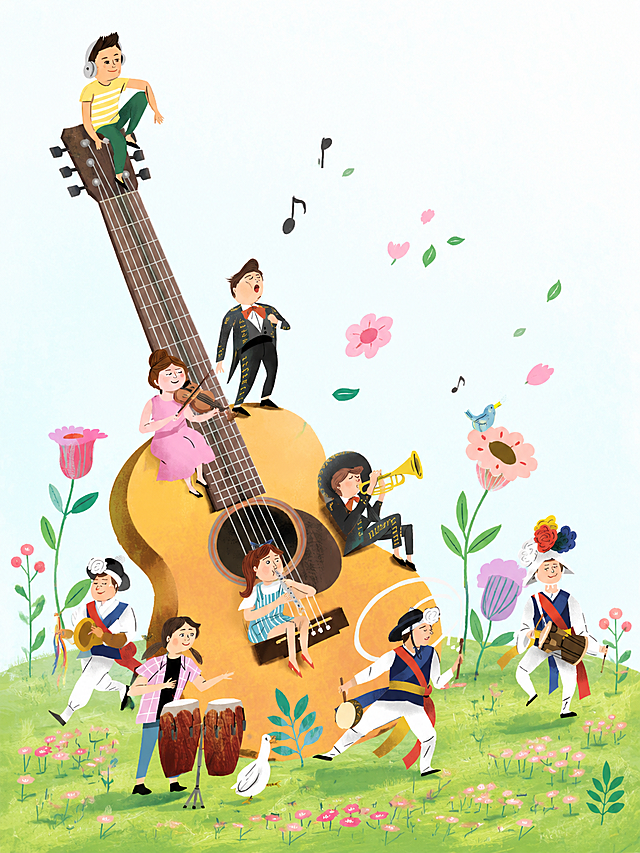 参考参考图片的插画风格，重新生成画面内容，保持一群音乐家在巨型吉他旁草地上演奏音乐的创意，扁平插画风格，色彩清新明快