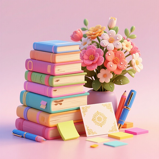 堆叠的书本，旁边散落文具和贺卡、一束鲜花。浅粉色渐变背景。