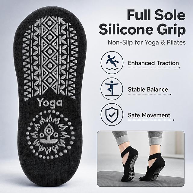 [主图-2] 2 Pairs Non-Slip Yoga Socks for Women, Criss-Cross Straps Grip Socks for Pilates Ballet Barre Home Workout Fitness (Black & Gray)。防滑功能卖点图，核心任务是展示全底硅胶防滑纹路的抓地力。
[统一基调] 跨境电商专业信息图风格，浅冷灰色渐变背景，冷调柔光，现代简约。标题字体为现代无衬线粗体，深炭灰色主标题，中灰色辅助文字，图标采用简约线性风格，强调色为深灰蓝色。
[画面] 画面左侧为黑色瑜伽袜的鞋底大特写，占画面约55%，鞋底朝上平放，完整展示全底几何菱形硅胶防滑纹路和底部的Yoga图案与莲花瑜伽小人图案，硅胶颗粒凸起质感清晰。右侧上方为大标题，下方配3个圆形功能图标模块，分别对应防滑、抓地、稳定三个功能点。右下角有一个小的上脚穿着小窗，展示穿着袜子站在瑜伽垫上的稳定状态。
[光影质感] 影棚柔光，主光从上方打下，鞋底硅胶颗粒有明显凸起立体感和高光，材质对比清晰（棉质袜底+硅胶颗粒），整体干净有质感。
[配色] 浅冷灰渐变背景，深炭灰标题，深灰蓝强调色，黑色袜底配灰色硅胶纹路。
[文字版式] 右上角大标题"Full Sole Silicone Grip"，下方副标题"Non-Slip for Yoga & Pilates"。右侧三个图标模块从上到下分别配文字"Enhanced Traction"、"Stable Balance"、"Safe Movement"。文字均为英文，现代无衬线字体，主标题字号最大，辅助文字缩小50%以上，图标与文字左对齐排列。
[输出要求] 1:1正方形，2048x2048，产品清晰，文字清晰可读，无变形、无错字、无水印、无平台Logo。