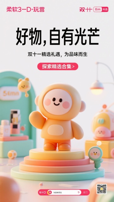 框架D：极简高级型
主标题： 好物，自有光芒。

副标题： 双十一精选礼遇，为品味而生。

行动号召： 探索精选合集。

给豆包的指令示例：

“请帮我生成一张双十一创意海报，主题是‘极简高级型’。文预览效果