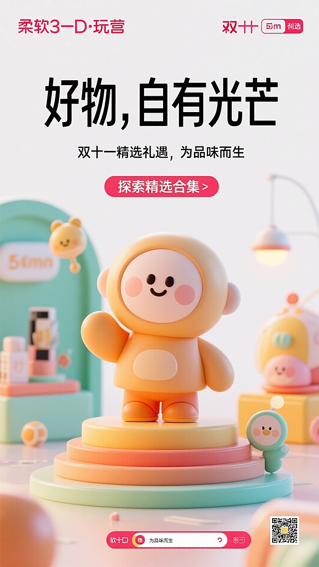 框架D：极简高级型
主标题： 好物，自有光芒。

副标题： 双十一精选礼遇，为品味而生。

行动号召： 探索精选合集。

给豆包的指令示例：

“请帮我生成一张双十一创意海报，主题是‘极简高级型’。文案使用上面框架D的内容，设计要简约、有留白，突出产品的质感。”