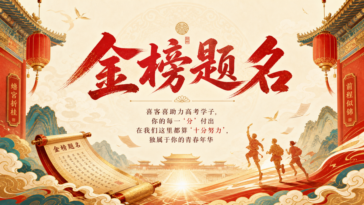 大屏幕背景设计，16:9横向，唐代新中式风格，主题金榜题名，文案为“金榜题名 喜客喜助力高考学子，你的每一“分”付出 在我们这里都算“十分努力”，独属于你的青春年华”，主题鲜明，青春激昂，设计简单明了预览效果