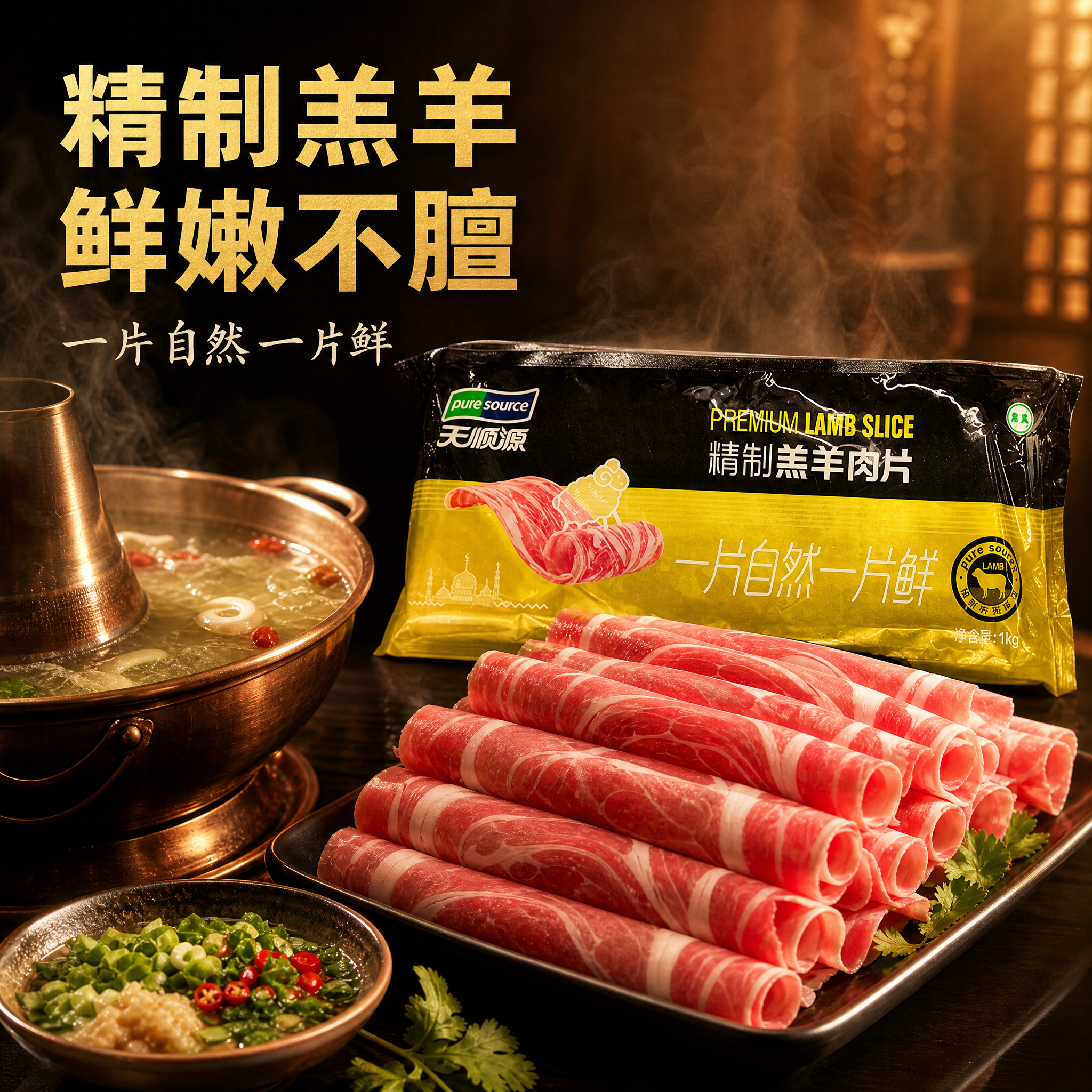 [主图-2] 天顺源精制羔羊肉片 食材细节与火锅场景展示，突出… - 图片创意预览