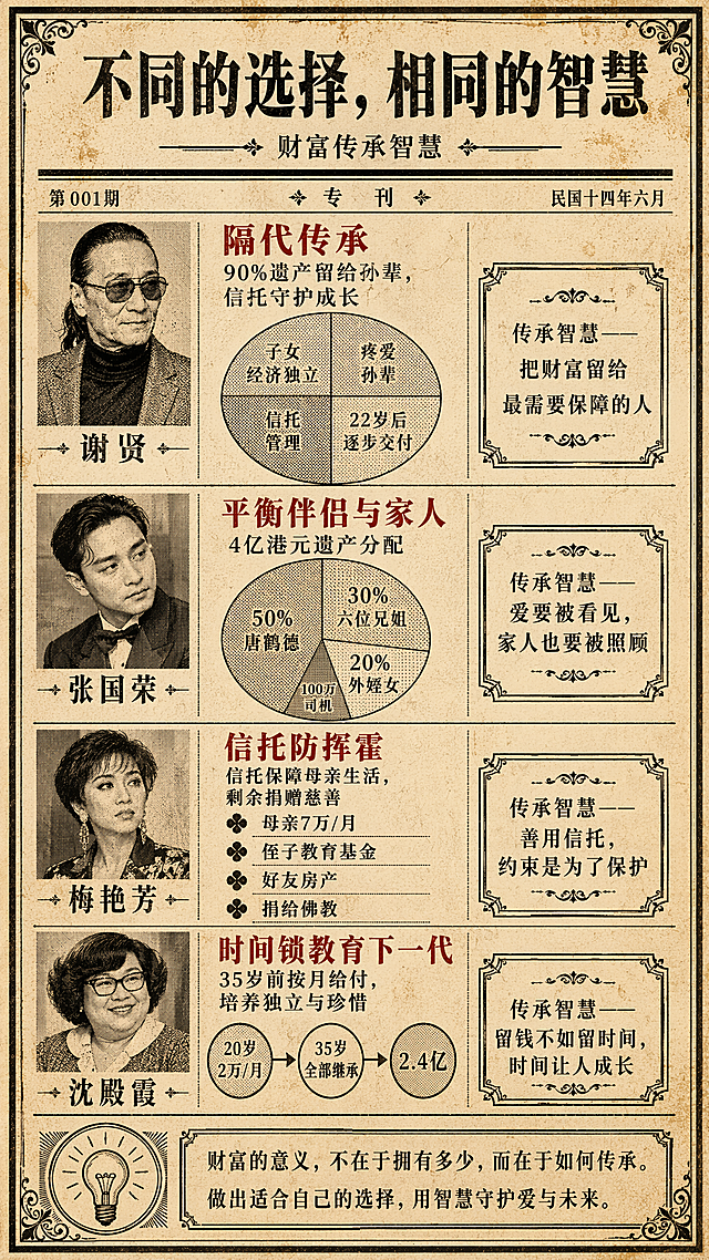 一张1920年代复古报纸风格的竖版信息图海报，9:16竖版比例。泛黄纸张背景#F4E8C1，带有褐色斑点污渍和网点印刷纹理，做旧质感，仿老报纸印刷效果。深棕黑墨水字体#2C1810，复古红色#8B2500作为强调色。整体风格如同一张民国或1920年代的老报纸版面。

【报纸边框】
粗黑外框3px + 细黑内框1px的双层黑色边框，四角有复古花纹装饰（卷草纹或装饰性角花）。

【顶部报头区】
主标题粗黑大字居中：「不同的选择，相同的智慧」，粗黑宋体/黑体，字号最大最醒目。
主标题下方副标题报纸报头风格：「财富传承智慧」，字号较小，两侧有装饰性横线。
报头下方一条粗黑横线分隔，标注类似「第X期」「专刊」等报纸元素。

【四栏人物案例 从上到下垂直排列】
四栏之间用细黑色竖线或横线分隔，每栏为一个报纸专栏风格。

第一栏·谢贤 隔代传承：
- 栏目标题（复古红#8B2500粗体）：「隔代传承」
- 正文（深棕黑#2C1810宋体）：「90%遗产留给孙辈，信托守护成长」
- 圆形饼图（复古印刷风格，网点纹理），分为四块，标注：子女经济独立、疼爱孙辈、信托管理、22岁后逐步交付
- 语录框（带装饰线）：「传承智慧——把财富留给最需要保障的人」

第二栏·张国荣 平衡伴侣与家人：
- 栏目标题（复古红#8B2500粗体）：「平衡伴侣与家人」
- 正文：「4亿港元遗产分配」
- 饼图数据（复古印刷饼图）：50%唐鹤德、30%六位兄姐、20%外姪女、100万司机，每块有不同的网点纹理区分
- 语录框：「传承智慧——爱要被看见，家人也要被照顾」

第三栏·梅艳芳 信托防挥霍：
- 栏目标题（复古红#8B2500粗体）：「信托防挥霍」
- 正文：「信托保障母亲生活，剩余捐赠慈善」
- 明细列表（复古排版）：母亲7万/月、侄子教育基金、好友房产、捐给佛教，每项前有小符号
- 语录框：「传承智慧——善用信托，约束是为了保护」

第四栏·沈殿霞 时间锁教育下一代：
- 栏目标题（复古红#8B2500粗体）：「时间锁教育下一代」
- 正文：「35岁前按月给付，培养独立与珍惜」
- 时间线图（复古印刷风格）：20岁2万/月 → 35岁全部继承 → 2.4亿，用箭头和节点连接
- 语录框：「传承智慧——留钱不如留时间，时间让人成长」

【底部金句区】
左侧一个复古线描灯泡图标（深棕黑色），右侧两段语录：
「财富的意义，不在于拥有多少，而在于如何传承。」
「做出适合自己的选择，用智慧守护爱与未来。」
金句区有装饰性边框线，复古报纸社论风格。

【报纸装饰元素】
- 网点印刷纹理遍布全图
- 竖栏分隔线（细黑线）
- 角落复古花纹角花
- 偶尔的褐色污渍斑点，增加年代感
- 字体全部使用宋体/仿宋等复古印刷字体
- 无二维码占位，无现代元素

画面中必须完整呈现以下文字信息：
- 「不同的选择，相同的智慧」「财富传承智慧」
- 「隔代传承」「90%遗产留给孙辈，信托守护成长」「传承智慧——把财富留给最需要保障的人」
- 「平衡伴侣与家人」「4亿港元遗产分配」「50%唐鹤德」「30%六位兄姐」「20%外姪女」「100万司机」「传承智慧——爱要被看见，家人也要被照顾」
- 「信托防挥霍」「信托保障母亲生活，剩余捐赠慈善」「母亲7万/月」「侄子教育基金」「好友房产」「捐给佛教」「传承智慧——善用信托，约束是为了保护」
- 「时间锁教育下一代」「35岁前按月给付，培养独立与珍惜」「20岁2万/月」「35岁全部继承」「2.4亿」「传承智慧——留钱不如留时间，时间让人成长」
- 「财富的意义，不在于拥有多少，而在于如何传承。」「做出适合自己的选择，用智慧守护爱与未来。」

画面中所有数字必须精确渲染，不得错位、遗漏或编造。所有信息区域填充完整。无二维码占位，无营销按钮，无现代设计元素。