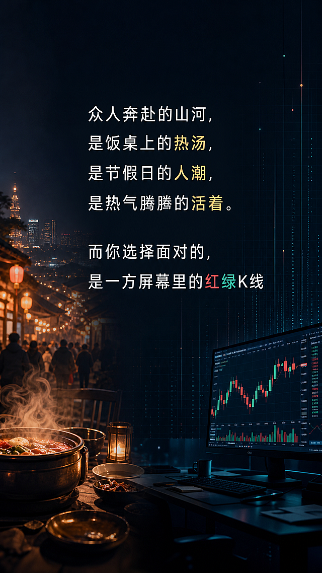 设计一张图文图片，文字内容："众人奔赴的山河，是饭桌上的热汤，是节假日的人潮，是热气腾腾的活着。而你选择面对的，是一方屏幕里的红绿K线"，深色简约金融风格，文字排版清晰舒适，背景搭配温馨和金融对比的视觉感受