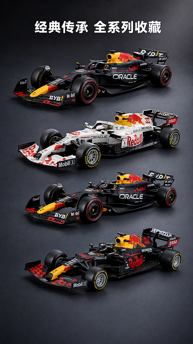 F1赛车模型，严格参照上传产品图image1，完整保留所有可见组件、部件、轮廓形状、结构、比例、材质质感、颜色与产品本体上的文字信息，与上传图完全一致。
深灰色渐变背景棚拍场景，还原参考图image2的深灰冷色调体系。
整体竖排排列，保留参考图的产品排布骨架与光影氛围，顶侧光，产品受光面泛起深灰主色、暗部映射深灰阴影色光晕，与环境物理融合。
产品竖向居中分布，构图规整，保持整体排列的规整感与产品间距，视角微偏20°。
全量换款清单：
①背景：参考图深灰渐变 → 生成图保持深灰渐变背景（同材质，延续参考图配色相似度90%）；
②文字：顶部保留文字"经典传承 全系列收藏"，字体风格与参考图保持一致，颜色为白色。
消除额外水印，仅保留产品本体信息。4K 分辨率，严格锁定宽高比为 9:16。