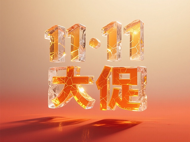 “11·11 大促”文字以晶莹剔透的3D冰雕质感呈现，冰块棱角分明，表面有自然的冰裂纹理，内部透出温暖的橙黄色光线，高光处闪烁着金色的反光，整体呈现出半透明的冻感效果。背景为渐变的暖色系，从底部的深橙红色逐渐过渡到顶部的柔和米黄色，营造出温馨热烈的氛围。文字立体感强，仿佛悬浮在暖色调的空间中，光影效果突出，冰块的阴影投射在背景上，增强了画面的层次感和真实感。