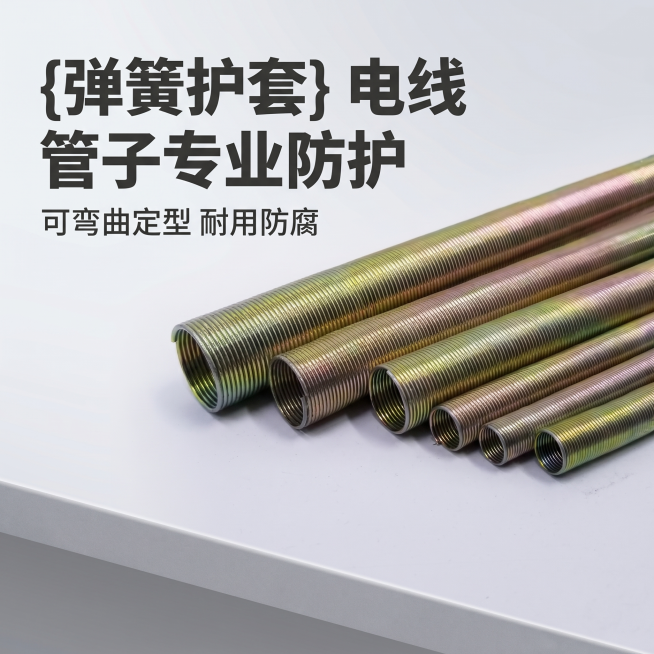 [主图 1] 弹簧护套电线保护管产品首图。
[氛围风格] 现代工业硬核电商风
[画质] 商业摄影质感、光线通透硬朗、产品清晰真实、画面干净高级，超清分辨率。
[元素] 6根不同尺寸的金属弹簧护套整齐斜预览效果