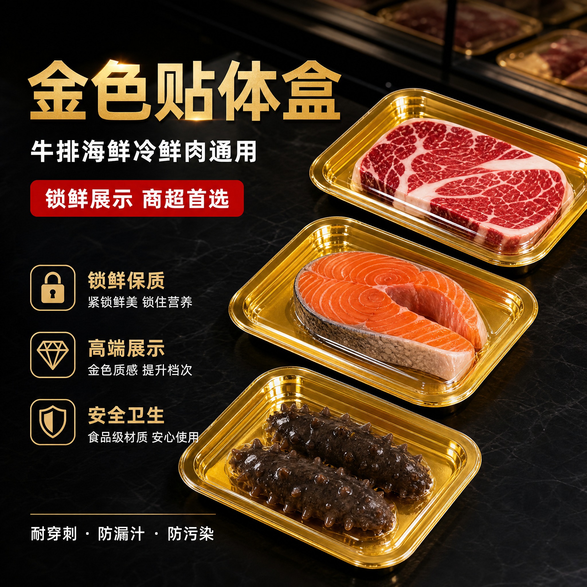 [主图-1] 金色贴体包装盒 高端生鲜陈列首图 突出锁鲜展示与… - 图片创意预览