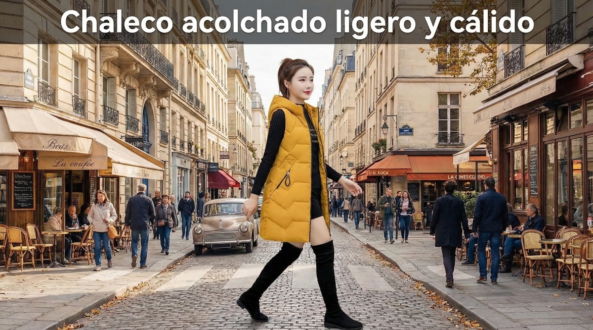 欧美女性在热闹的城市街头行走，穿着图中同款黄色连帽长款羽绒马甲内搭黑色针织衫，搭配黑色短裤和过膝靴，背景是欧式街道和店铺，画面添加西班牙语文案 "Chaleco acolchado ligero y预览效果