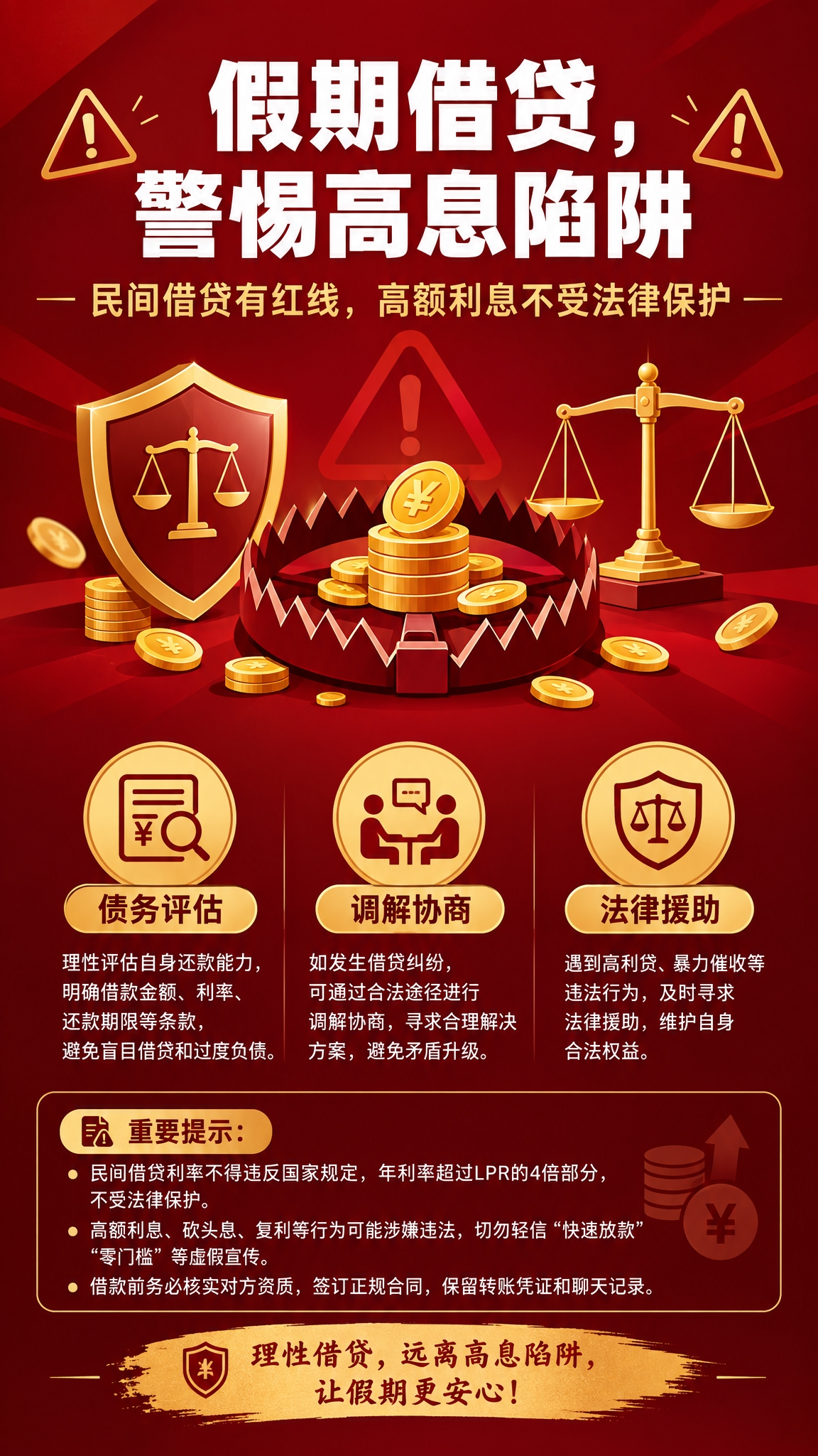一张9:16竖版金融风险警示主题海报，扁平插画风格，深红色与金… - 图片创意预览