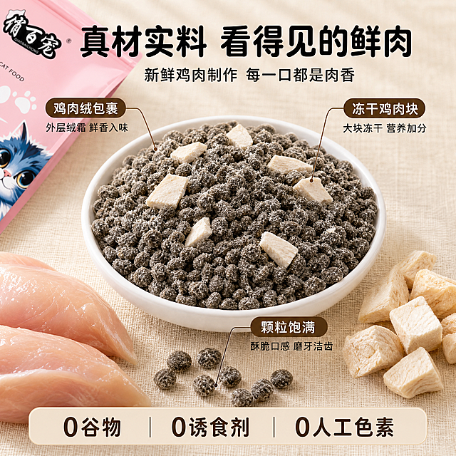 [主图-3] 俏佰宠鸡肉绒包裹猫粮真实原料细节轮播图，细节微距+原料展示型主图。

[氛围风格] 温馨暖米色调，真实食材质感，宠物食品商业摄影风，强调天然新鲜。

[画质] 商业摄影质感、光线柔和通透、颗粒细节清晰、画面干净高级。

[元素] 画面中心偏上是一大碗深褐色带白色鸡肉绒纤维的猫粮颗粒，颗粒饱满，表面绒霜感清晰，碗中散落多块不规则奶白色冻干鸡肉块，猫粮外观与图1完全一致，杜绝变形色差。碗的周围摆放真实原料：左侧几块新鲜生鸡胸肉（带肌理纹理），右侧一小把冻干鸡肉块，下方散落几颗完整猫粮颗粒做微距展示。背景为浅米色亚麻布纹理台面，柔和自然光。左上角放俏佰宠粉色包装袋的局部一角（露出品牌Logo），不抢主体。商品主体（猫粮碗+原料）占画面约65%。

[光影] 窗边柔和自然光，主光从左上方45度斜射，猫粮颗粒表面绒霜有细腻高光，鸡胸肉肌理清晰，冻干块有自然明暗过渡，投影柔和落在亚麻布上，整体温暖通透，食物质感诱人。

[配色] 主色暖米色（亚麻布背景）；辅助色粉色（包装袋一角）、深棕色（标签/引线）；强调色奶白色（冻干/鸡肉）；整体暖色调统一，与首图色板一致。

[视角构图] 45度俯视，猫粮碗居中偏上，原料围绕碗呈半圆形摆放，形成中心聚焦；景深较浅，背景虚化，突出猫粮颗粒和原料的真实质感；左上角包装袋一角做品牌锚点。

[文字版式] 顶部居中大标题"真材实料 看得见的鲜肉"黑色粗体圆润字体；副标题"新鲜鸡肉制作 每一口都是肉香"中号黑色。用细棕色引线从猫粮碗指向三处细节并配短标签：左上引线"鸡肉绒包裹"+"外层绒霜 鲜香入味"；右上引线"冻干鸡肉块"+"大块冻干 营养加分"；下方引线"颗粒饱满"+"酥脆口感 磨牙洁齿"。底部浅米色圆角通栏"0谷物 0诱食剂 0人工色素"深棕色字，三个短句用竖线分隔。所有文字清晰可读，不遮挡主体。

[输出要求] 1:1比例，2048x2048，2K分辨率，文字清晰锐利，超高清商业摄影质感。

[负向提示词] 猫粮颗粒变形、颜色偏差、无鸡肉绒质感，食物不新鲜，文字错乱模糊，水印，电商平台Logo，背景杂乱。