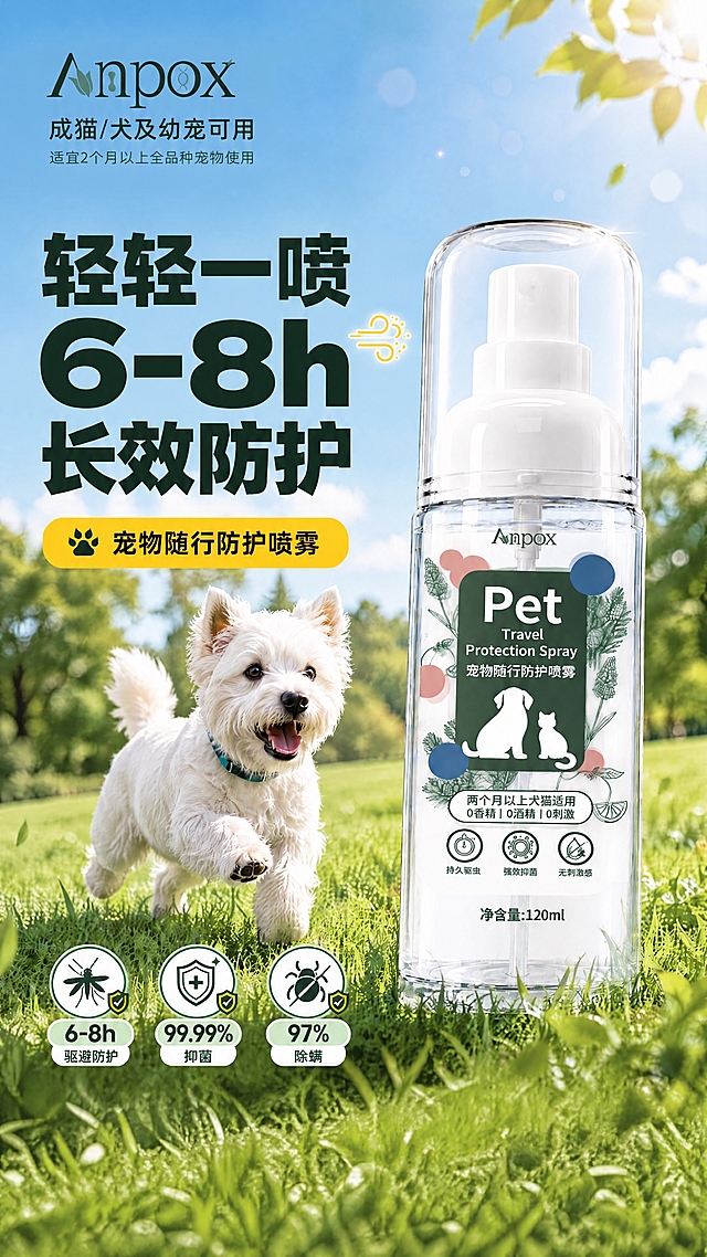 基于原图，删除底部明黄色促销通栏及所有促销文字（入会券、立减5元、赠送分装瓶等全部去掉）；将底部区域替换为延续的翠绿草地与蓝天背景，草地自然延伸到画面底部，保持草地纹理、光影和叶片点缀与上方一致；保留产品瓶身、小狗、三个圆形卖点图标、顶部品牌与标题等其余所有元素不变；整体构图平衡，底部干净自然，不再露出任何促销信息。