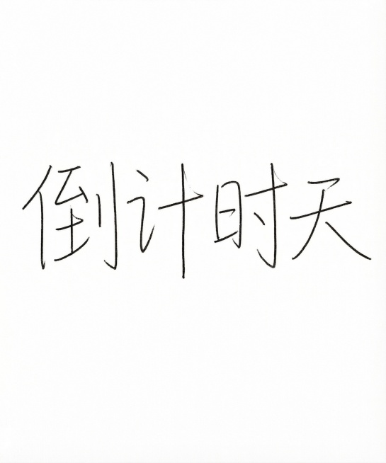 仿照图片中的手写瘦长简笔字体风格，生成文字“倒计时天”，白色背景，黑色字体，和参考图字体笔触、结构完全一致预览效果