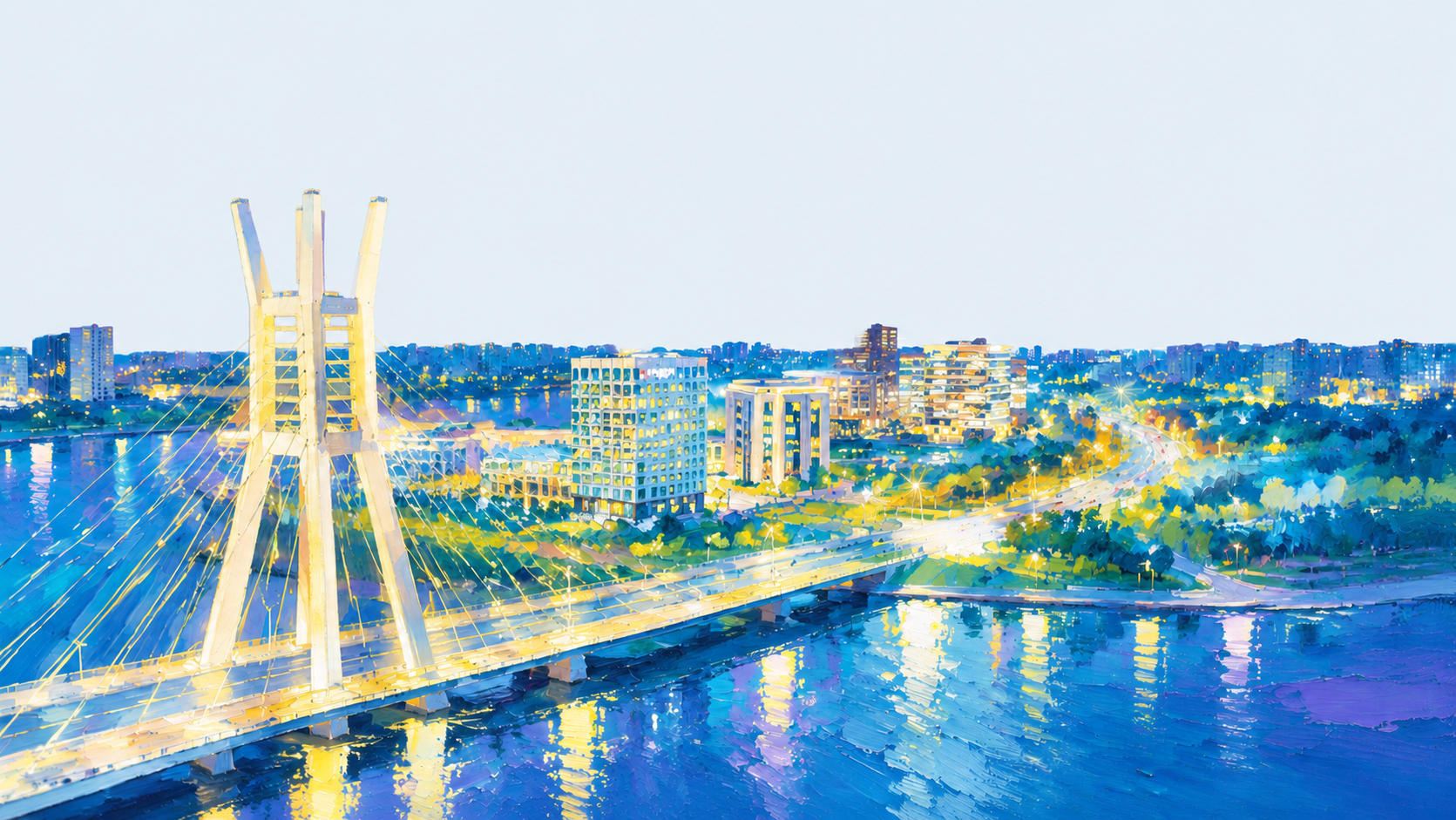 对这张蓝色调城市夜景插画进行编辑：去掉整个天空区域（包括放射状… - 图片创意预览