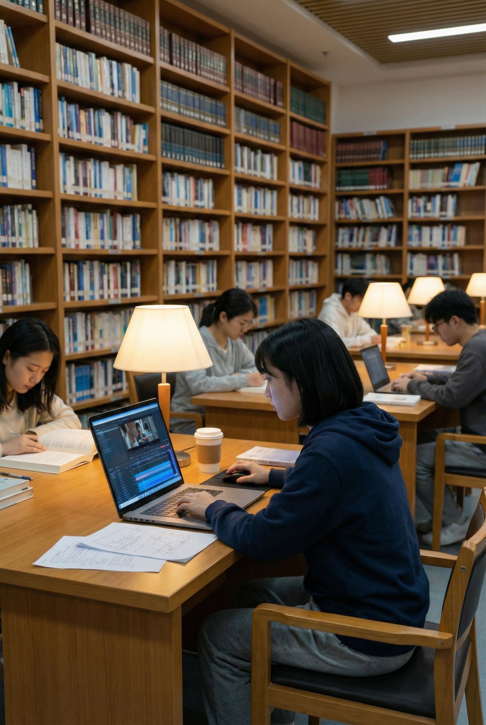 保留图中短发女大学生的形象，在安静的图书馆里，她坐在书桌前，对… - 图片创意预览