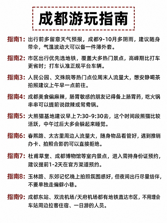 参考图1的排版样式，生成一张成都旅游攻略海报，纯白背景，页面比例3:4，2K高清画质，所有文字清晰锐利。顶部是红棕色虚线边框的标题框，里面写着粗体大字「成都游玩指南」。下面是9条指南，每条开头是红棕色粗体的「指南1:」「指南2:」…「指南9:」，后面跟着黑色正文，左对齐，行间距适中，字体清晰易读。整体风格简洁干净，和参考图1的版式、字体风格、配色完全一致。

完整文案内容：
指南1:出行前多留意天气预报，成都9-10月多阴雨，建议随身带伞，气温波动大可以备一件薄外套。
指南2:市区出行优先选地铁，覆盖大多热门景点，高峰期比打车更省时；打车认准正规平台车辆。
指南3:人民公园、文殊院等热门点位周末人流量大，想安静喝茶拍照建议上午早一点前往。
指南4:成都美食偏麻辣，肠胃敏感的朋友记得备上肠胃yao，吃火锅串串可以提前说微辣或鸳鸯锅。
指南5:大熊猫基地建议早上7:30-9:30去，这个时间段熊猫比较活跃，中午过后大多会躲起来睡觉。
指南6:春熙路、太古里周边人流量大，随身物品看管好，遇到推销办卡、拍照合影的可以直接拒绝。
指南7:杜甫草堂、成都博物馆等室内景点，进入需持sfz予约，建议提前1-2天在官方渠道予约。
指南8:玉林路、东郊记忆晚上拍照氛围感好，但夜间出行尽量结伴，不要单独走偏僻小巷。
指南9:成都东站、双流机场/天府机场都有地铁直达市区，不用理会车站周边拉客住宿、一日游的人员。