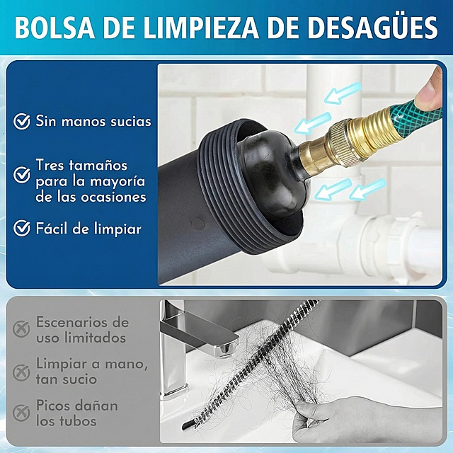 将图片中的英文替换为西班牙语："BOLSA DE LIMPIEZA DE DESAGÜES
Sin manos sucias
Tres tamaños para la mayoría de las ocasiones
Fácil de limpiar
Escenarios de uso limitados
Limpiar a mano, tan sucio
Picos dañan los tubos"