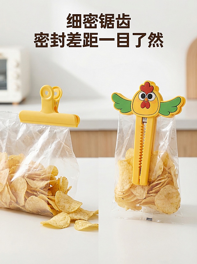 基于原图黄色小鸡造型食品夹，做左右对比效果：左侧为普通平滑封口夹，展示袋子松开漏出食品的场景；右侧为本品细密锯齿封口夹，展示夹紧后密封牢固的状态。对比展示效果，顶部大标题 "细密锯齿 密封差距一目了然"，字体无衬线粗体，深棕色。保持整体舒适简约的厨房风格，光影干净明亮，本品外观和原图保持100%一致，左右对比清晰，符合主图规范。2k分辨率