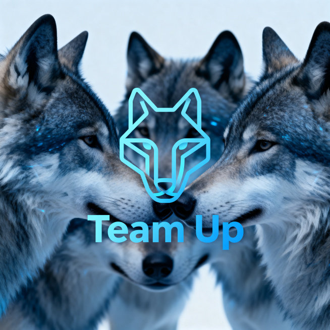 极致简约抽象科技风格Team Up logo，单色系渐变蓝色，抽象提炼协作狼群形态，仅保留核心轮廓线条，干净简洁，现代专业，包含文字"Team Up"，适合AI培训网站使用预览效果