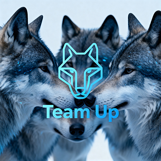 极致简约抽象科技风格Team Up logo，单色系渐变蓝色，抽象提炼协作狼群形态，仅保留核心轮廓线条，干净简洁，现代专业，包含文字"Team Up"，适合AI培训网站使用