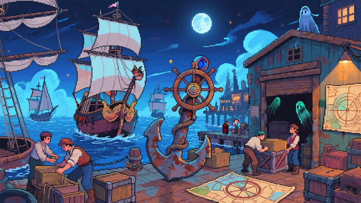 港口像素场景，很多帆船聚集在这里，复古游戏美学，参考Paul Robertson风格。水手正在装卸货物，神秘幽灵船在夜间航行，龙骨舵盘配着魔法罗盘。仓库里的巨锚布满锈迹，旁边放着航海图。背景是海浪和月预览效果