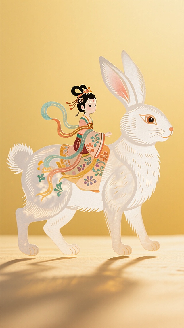 白色的毛绒绒的兔子，驮着一个嫦娥装扮的迷你的Q版小女孩（坐在上面），干净的浅黄色背景