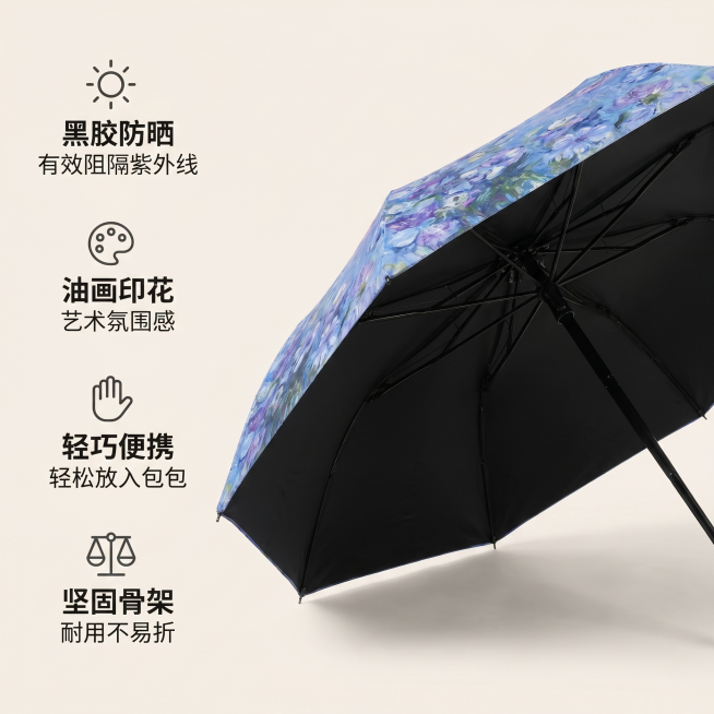 [主图 2] 核心卖点展示图
[氛围风格] 清新文艺，简约高级
[画质] 商业摄影质感、光线柔和通透、产品清晰真实、画面干净高级
[元素] 左半部分垂直排列四个卖点模块，右半部分展示撑开的防晒伞主体。预览效果