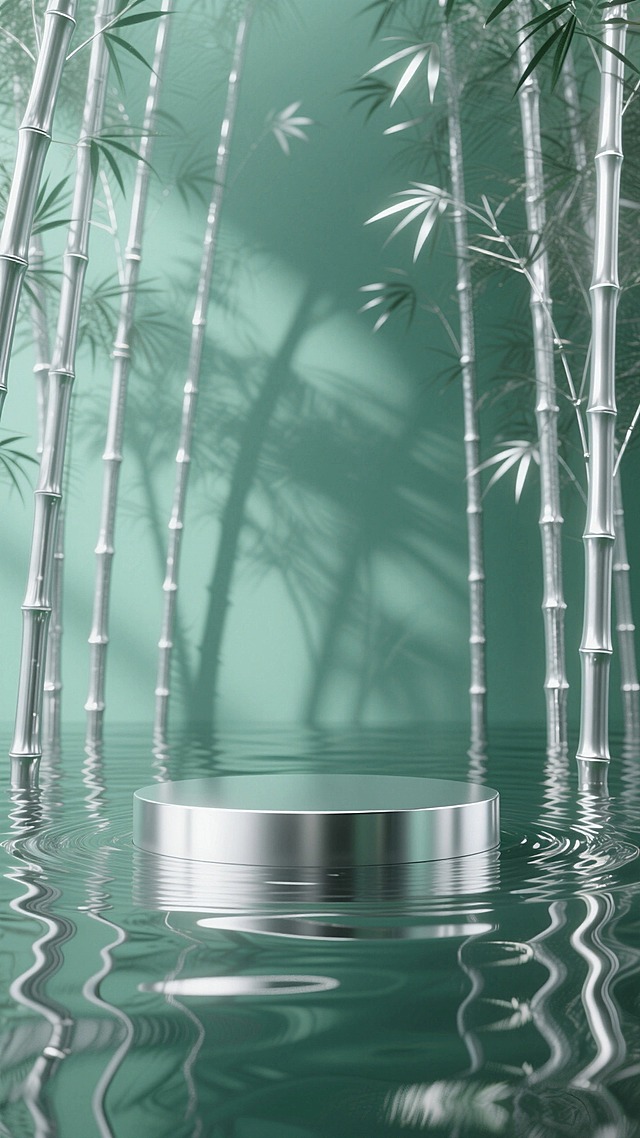 整体绿色调；主体是一个银色展台，居中；底部镜面水波环绕，后景是银色金属质感竹林；东方极简美学