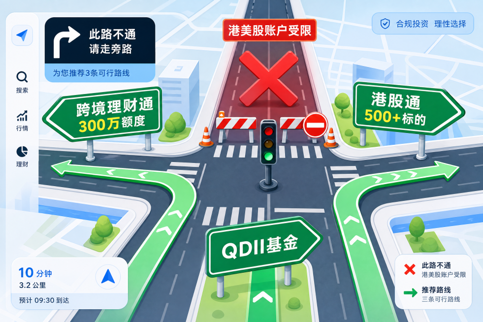 手机导航APP风格岔路口插画，十字路口中心红绿灯路障，一条路被红叉堵死标注港美股账户受限，两侧三条绿色箭头指示路牌分别标注跨境理财通300万额度、港股通500+标的、QDII基金，浅蓝色导航界面风格，预览效果