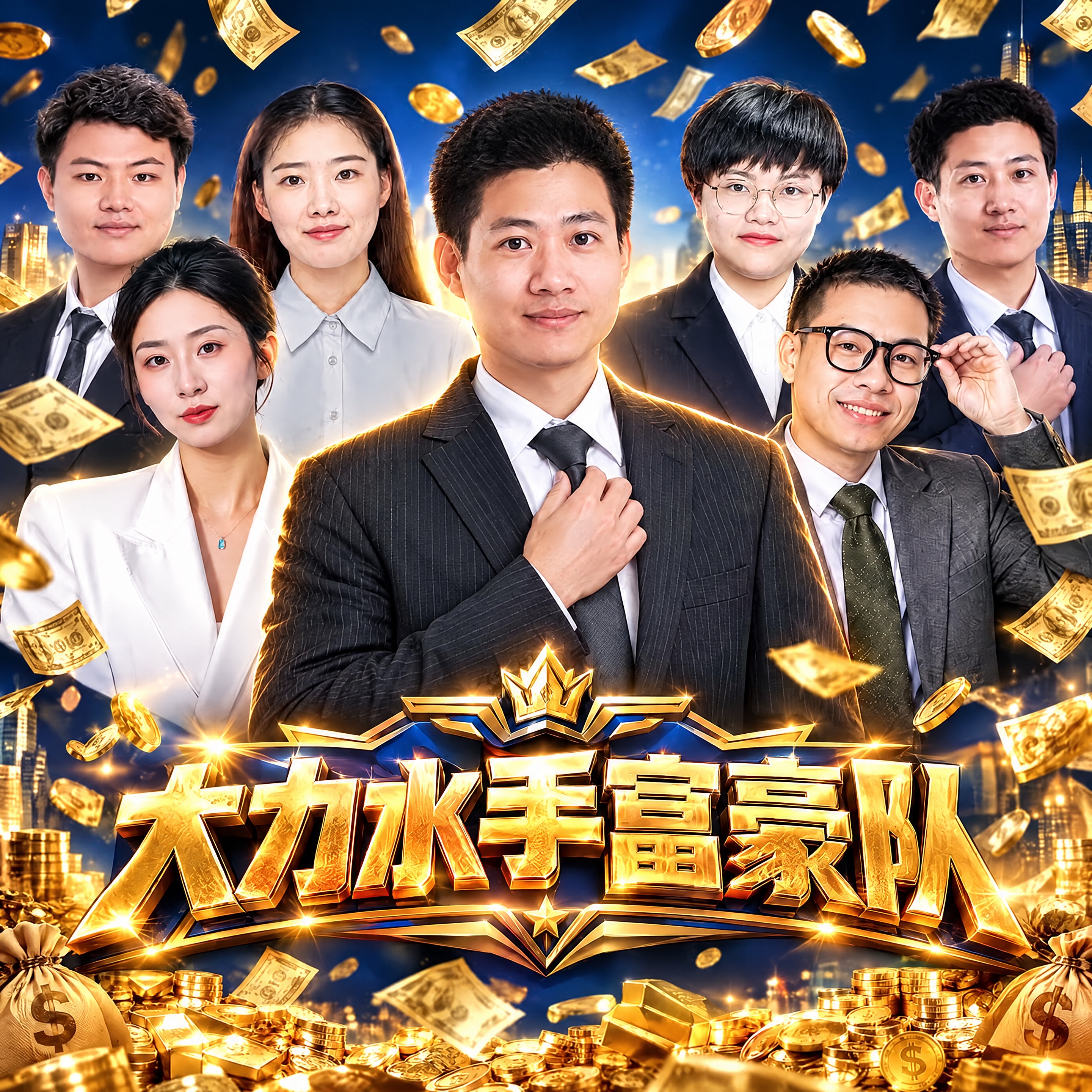 将画面正中央C位的人物替换为第2张图中的男士（穿黑条纹西装、手… - 图片创意预览