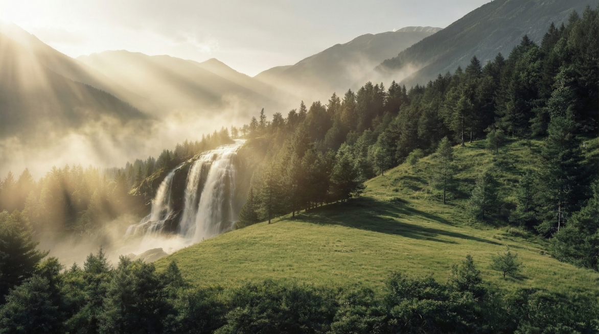在图一的基础上，左侧远处添加一些雾气有光透过来，类似图二的丁达尔光效预览效果