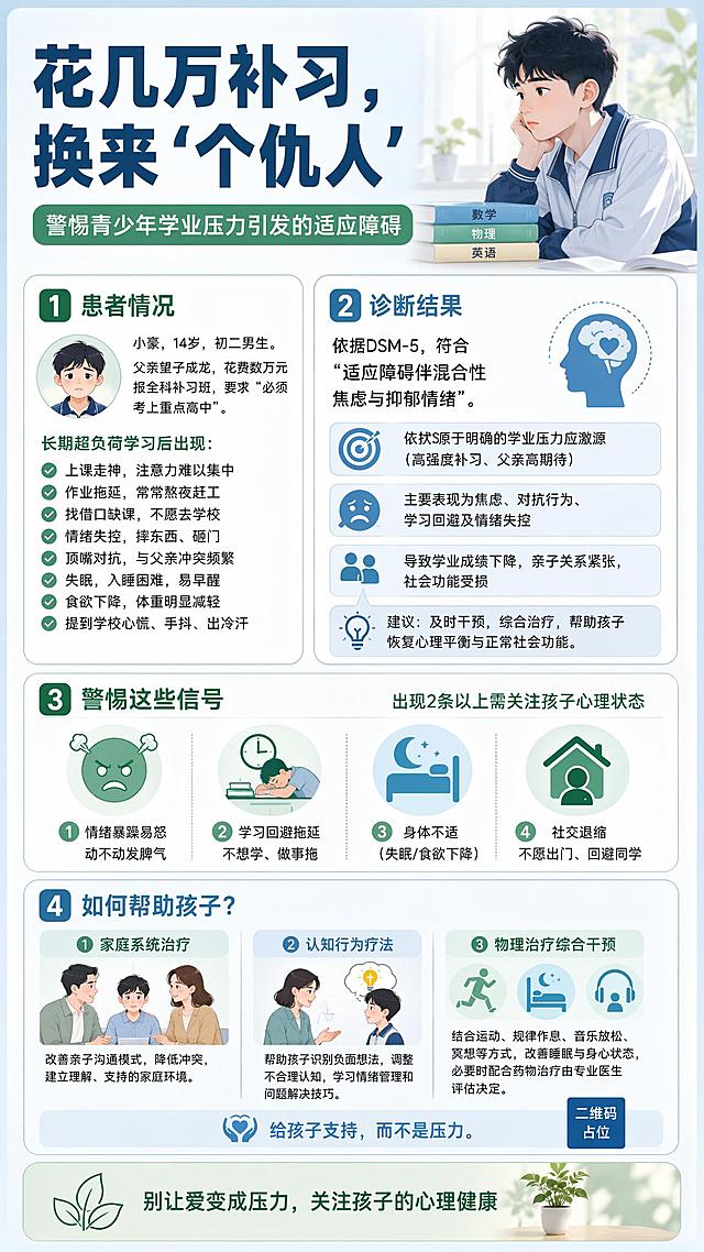 参考图的版式骨架和清新治愈风格，将内容替换为青少年学业压力适应障碍科普海报。竖版9:16，浅蓝绿色系，柔和自然光，温馨治愈氛围。

【版式结构】完全复刻参考图的四模块分区布局：顶部大标题区+四个编号信息模块+底部金句栏。每个模块用圆角白色卡片承载，带细边框和柔和阴影。模块之间用浅色分隔线区分。

【顶部标题区】右上角配一位忧愁的青少年男生侧脸托腮思考的插画（14岁左右，穿校服，神情焦虑），左侧为大标题。主标题文字："花几万补习，换来'个仇人'"，深蓝色粗体大字。副标题绿色标签："警惕青少年学业压力引发的适应障碍"。

【模块1 患者情况】编号"1"，标题"患者情况"。内容：小豪，14岁，初二男生。父亲望子成龙，花费数万元报全科补习班，要求"必须考上重点高中"。长期超负荷学习后出现：上课走神、作业拖延、找借口缺课、情绪失控摔东西、顶嘴对抗、失眠、食欲下降、提到学校心慌手抖。配一个男孩头像图标。

【模块2 诊断结果】编号"2"，标题"诊断结果"。内容：依据DSM-5，符合"适应障碍伴混合性焦虑与抑郁情绪"。症状源于明确的学业压力应激源（高强度补习、父亲高期待），主要表现为焦虑、对抗行为、学习回避及情绪失控，社会功能受损。配一个大脑/心理图标。

【模块3 症状自测】编号"3"，标题"警惕这些信号"。横向排列4个圆形图标加文字：①情绪暴躁易怒 ②学习回避拖延 ③身体不适（失眠/食欲下降） ④社交退缩不愿出门。配说明文字：出现2条以上需关注孩子心理状态。

【模块4 治疗方案】编号"4"，标题"如何帮助孩子？"。分三列展示：①家庭系统治疗 ②认知行为疗法 ③物理治疗综合干预。底部小字：给孩子支持，而不是压力。

【底部金句栏】浅绿色渐变底栏，左侧叶子图标，右侧文字："别让爱变成压力，关注孩子的心理健康"。配一小盆绿植插画。

画面中所有信息区域必须填充完整合理的内容，不得出现空白框、空白占位、横线待填写区域、空列表项、空单元格。画面中所有二维码区域使用纯色方块占位符呈现，方块中央标注"二维码占位"文字，严禁生成任何可识别的二维码图案。版式精美，文字清晰可读，整体风格清新治愈、专业可信。