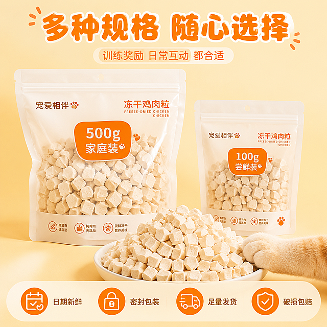 [主图-5] 规格与服务，展示产品规格包装与服务承诺，促进转化下单。
[统一基调] 可爱亲和宠物食品风格，主背景暖奶油黄色系，辅助色清新浅橙，强调色深橙，圆角白色卡片，圆润可爱字体；全套统一色板，不换主色。
[画面] 画面主体展示两袋不同规格的冻干鸡肉粒产品包装：大袋标注"500g家庭装"，小袋标注"100g尝鲜装"，包装袋为透明开窗设计，窗口内可见与输入图一致的冻干鸡肉粒颗粒；两袋并排摆放，前面放一个白碗，碗中盛满冻干鸡肉粒；旁边有一只可爱的小猫爪轻轻搭在碗边，增加萌感；背景暖奶油黄，底部有半透明悬浮条（两端留空），横向排列四个服务承诺图标加文字。
[光影质感] 自然柔光，包装质感真实，透明窗口有玻璃反光，冻干颗粒清晰，整体干净明亮有品质感。
[配色] 背景暖奶油黄渐变，包装主色白色配橙色标签；服务图标深橙色配白色；统一暖橙黄系。
[文字版式] 上方主标题"多种规格 随心选择"，圆润字体；下方辅助小字"训练奖励 日常互动 都合适"；底部悬浮条四个服务项从左到右："日期新鲜"、"密封包装"、"足量发货"、"破损包赔"，每项配简约小图标。
[输出要求] 1:1正方形，2K，文字清晰无错字，冻干颗粒清晰不变形，猫爪自然可爱，无水印无平台Logo，无杂乱元素。