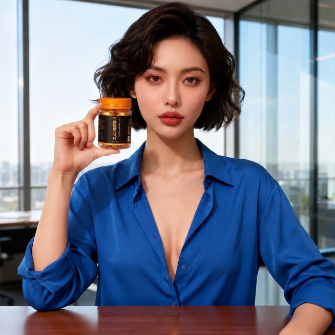 修改美女右手中的瓶子，将瓶子外观、标签样式、盖子颜色全部改成和参考图一致的三参黄精元气片样式，仅右手保留一瓶，去掉左手的瓶子，保持人物、蓝色衬衫、办公室场景和整体光影风格不变预览效果
