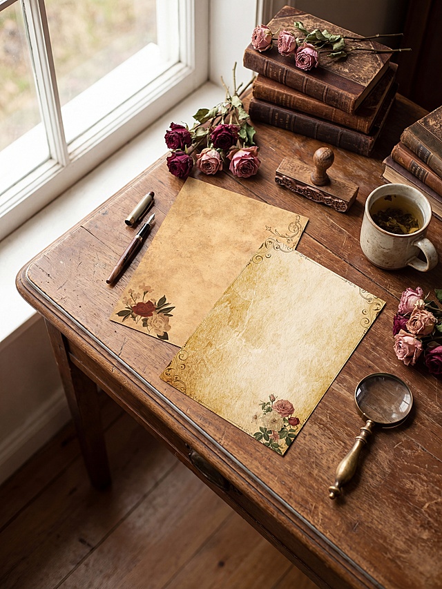 高空俯拍镜头，临窗的复古木质书桌，自然光洒入，将提供的复古花纹信纸平铺在桌面上；书桌周围摆放着钢笔、几束复古玫瑰花、复古书本、泡有茶叶的陶瓷马克杯、木质印章与金属放大镜。写实治愈系生活摄影风格，轻微浅景深，主色调为暖棕褐色桌面，搭配米白纸张、森系植物色彩，细节丰富，传递自然手作的专注与治愈感，高清质感。避免出现：信纸不清晰、改变颜色、改变花纹图案、改变信纸纹理、文字错误、缺失部件、摄影灯、水印、昏暗光线、死黑阴影、硬光、畸变透视、比例失调