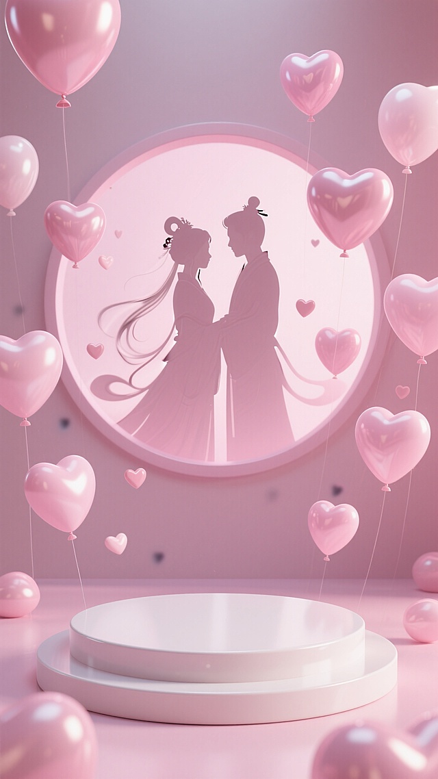 粉色3D梦幻场景，剪影情侣浪漫相依，心形气球点缀，甜美氛围浓郁。